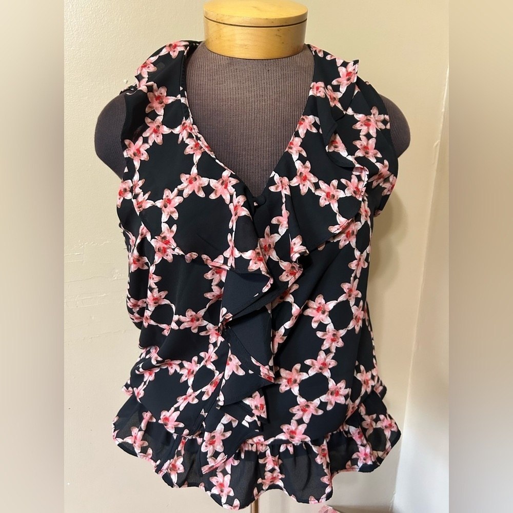 Karl Lagereld Paris Women's Black Pink Floral Sleeveless Chiffon Blouse Large